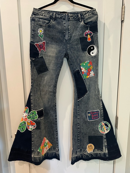 Dolls Kill Denim - Dolls Kill Black-Grey Patchwork Flare Jeans with Colorful Appliqués NWT size XL